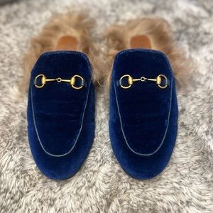 Gucci Princeton Blue Agate Velvet Fur Mules Flats